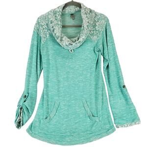 Womens Floral Lace Cowl Neck Sweater Sz L Pastel Green White Fairycore Whimsy